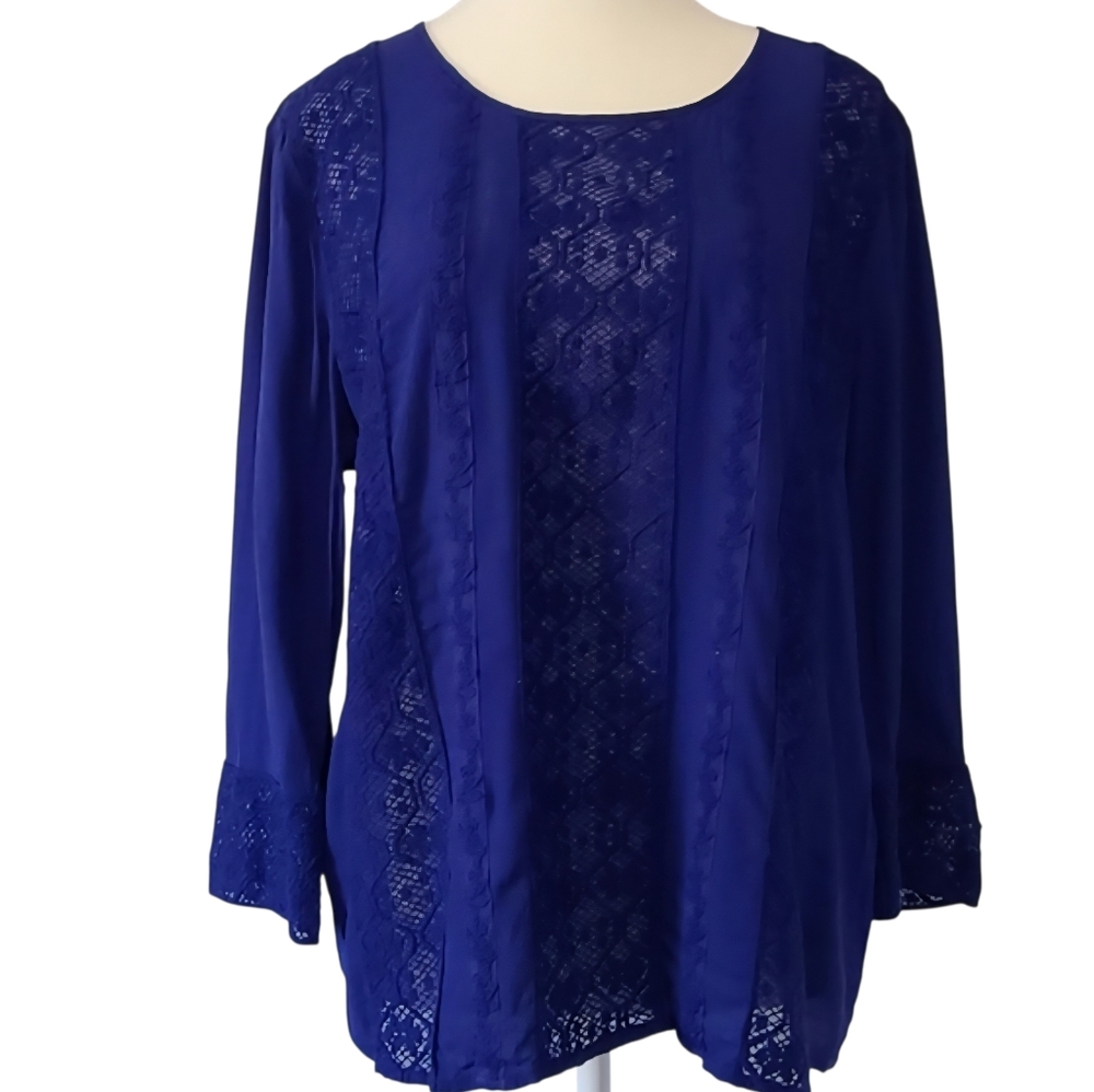 Meadow Rue Anthropologie Blue Salina Lace 3/4 Sleeve Blouse Sz L